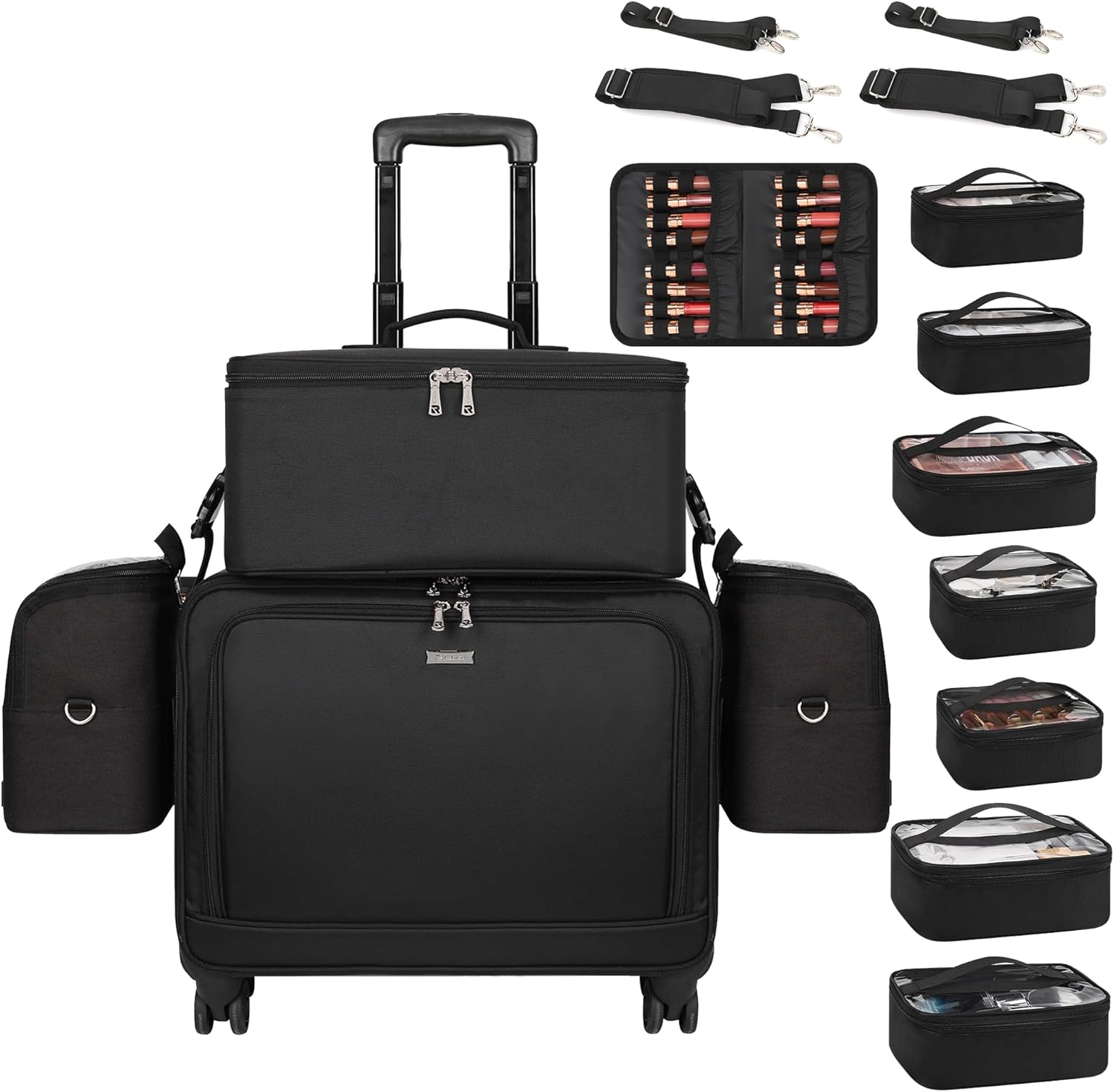 RovoBeauty Rolling Makeup Train Case Professional Makeup Artist Bag 4 in 1 Extra Large Makeup Bag with 7 Small Bag Makeup Case Trolley Cosmetic Case with Swivel Wheels and Adjustable Dividers