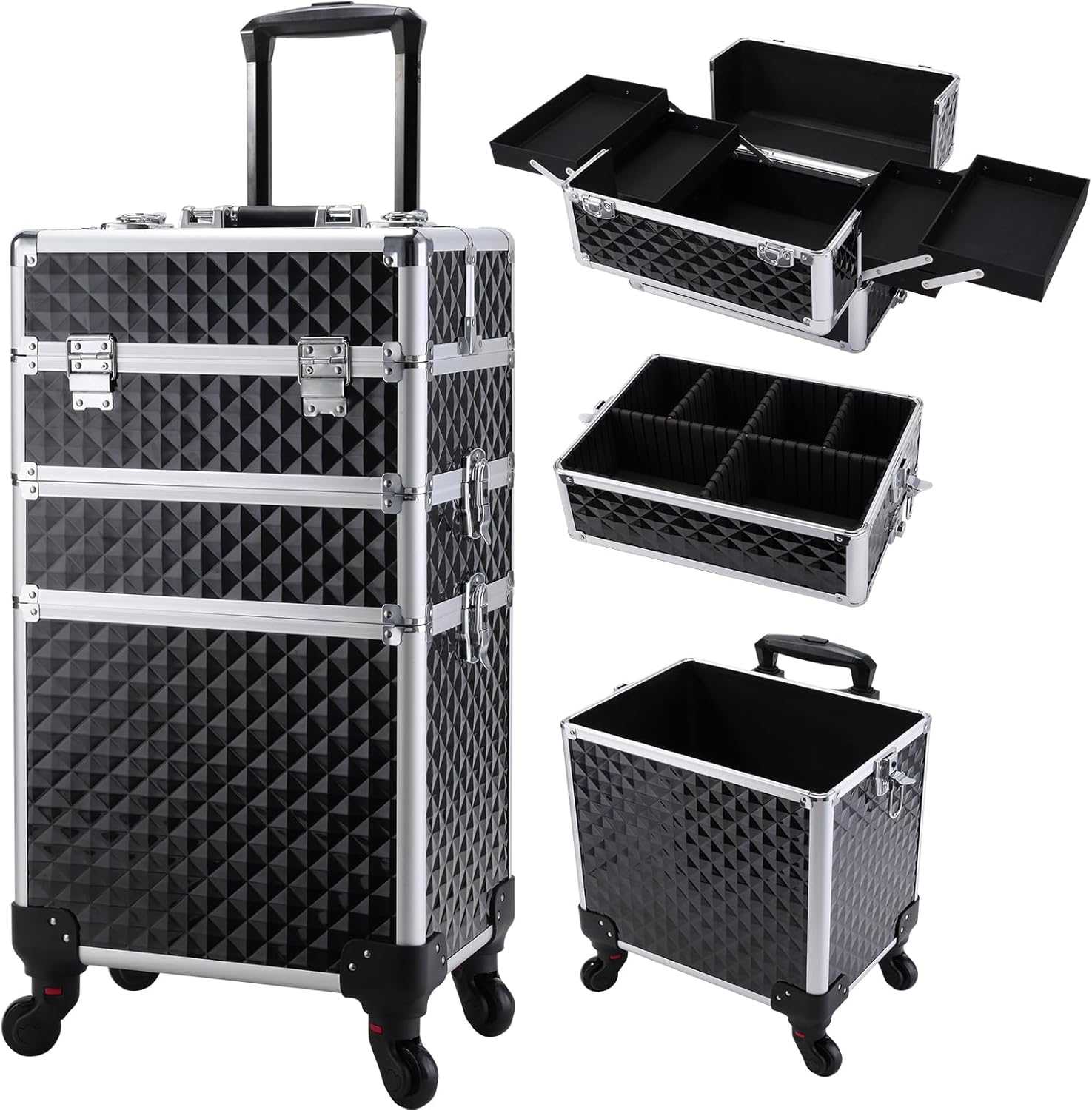 RovoBeauty 3 in 1 Rolling Makeup Train Case Professional Cosmetic Trolley Large Storage with Keys Swivel Wheels Salon Barber Case Traveling Cart Trunk for Make Up Hairstylists Nail Tech, Vintage Black