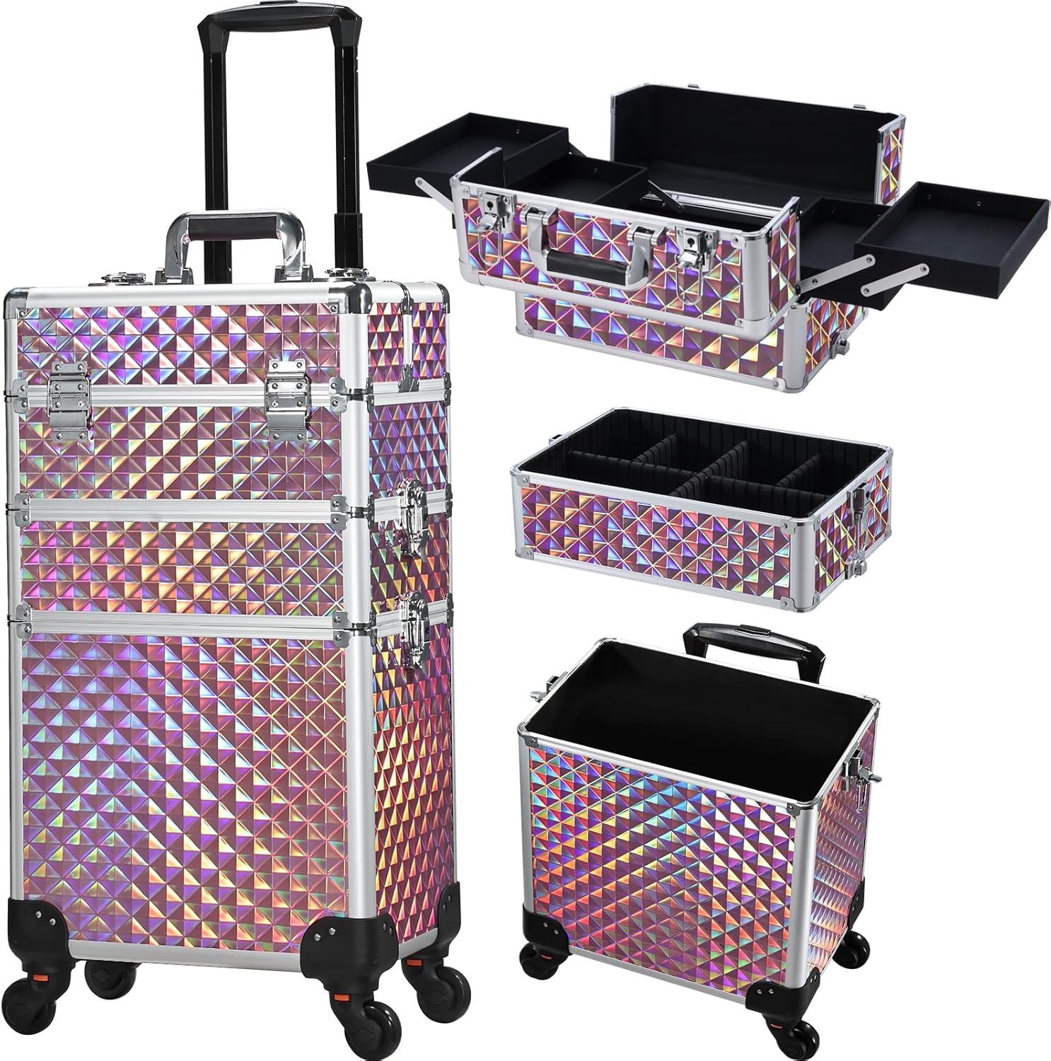 RovoBeauty 3 in 1 Rolling Makeup Train Case Portable Cosmetic Trolley Large Storage for Professional with 360° Swivel Wheels Salon Barber Case Traveling Cart Trunk - Glitter Pink