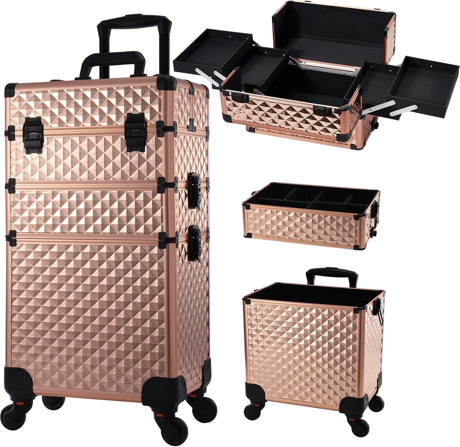 RovoBeauty Rolling Makeup Train Case 3 in 1 Professional Cosmetic Trolley Large Storage with keys Swivel Wheels Salon Barber Case Traveling Cart Trunk for Make Up Nail Tech - Vintage Rose Gold