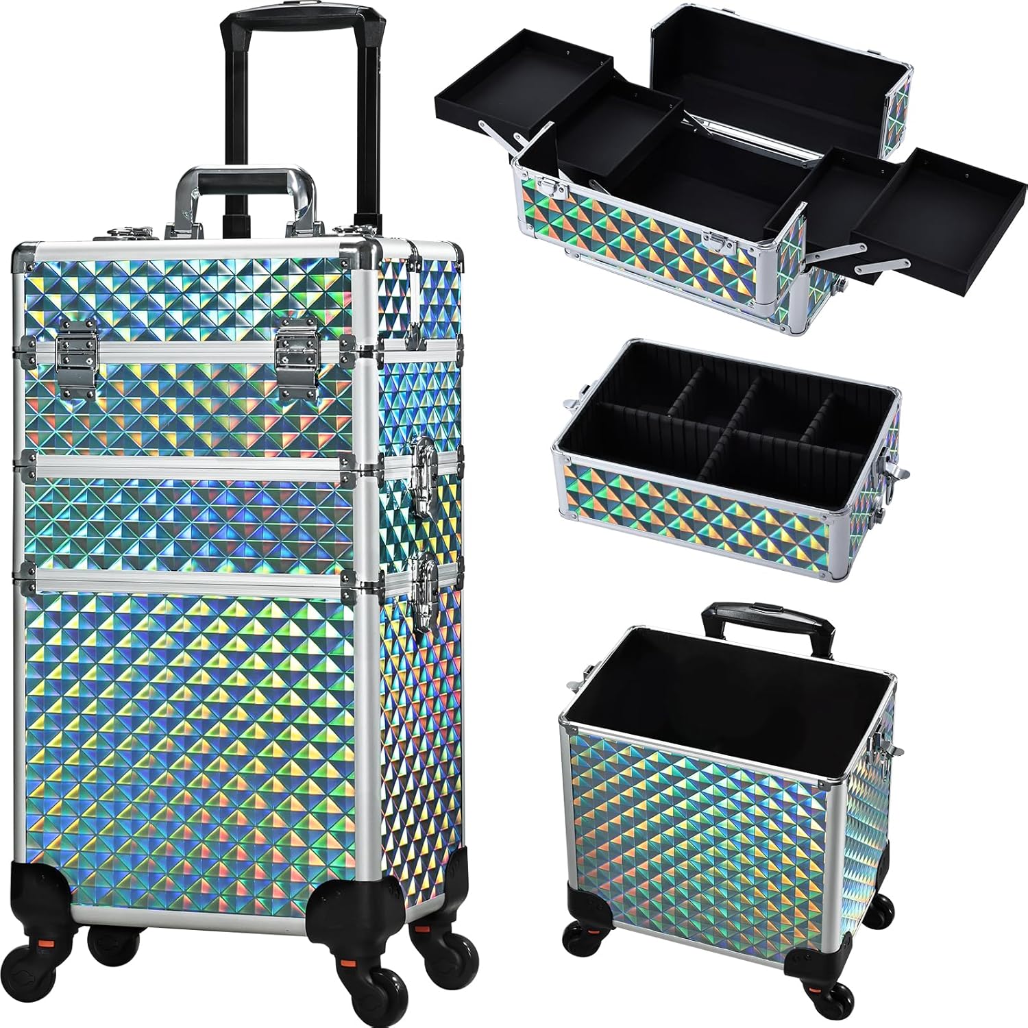 RovoBeauty Rolling Makeup Case Cosmetology Case on Wheels 3 in 1 Cosmetic Trolley Large Storage Organizer Salon Barber Case Traveling Cart Trunk for Esthetician Nail Tech Mobile Stylists, Blue